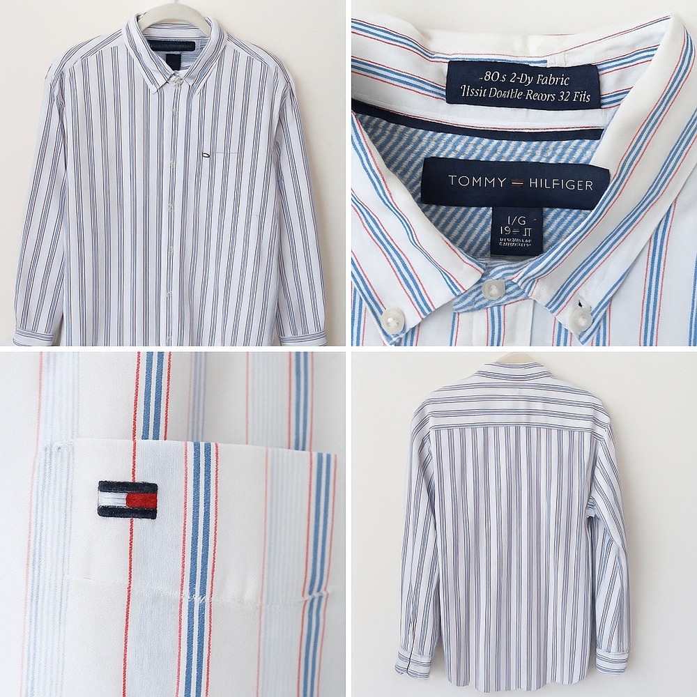 Tommy Hilfiger Men Custom Fit Button-Down Shirt L White Blue Red 100% Cotton